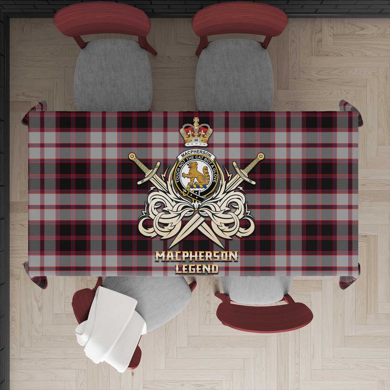 Tartan Vibes Clothing MacPherson Tartan Tablecloth with Clan Crest and the Golden Sword of Courageous Legacy