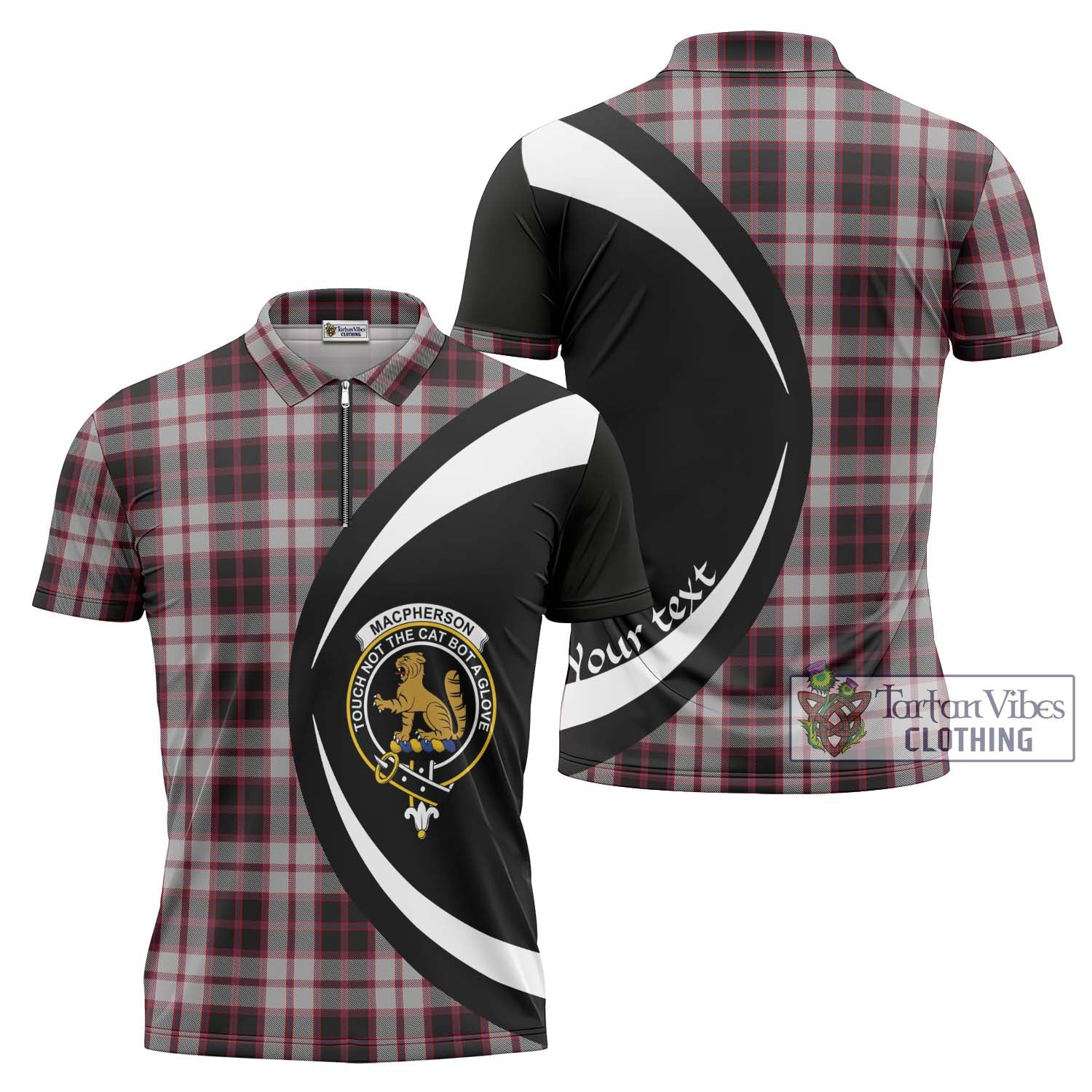 Tartan Vibes Clothing MacPherson Tartan Zipper Polo Shirt with Family Crest Circle Style