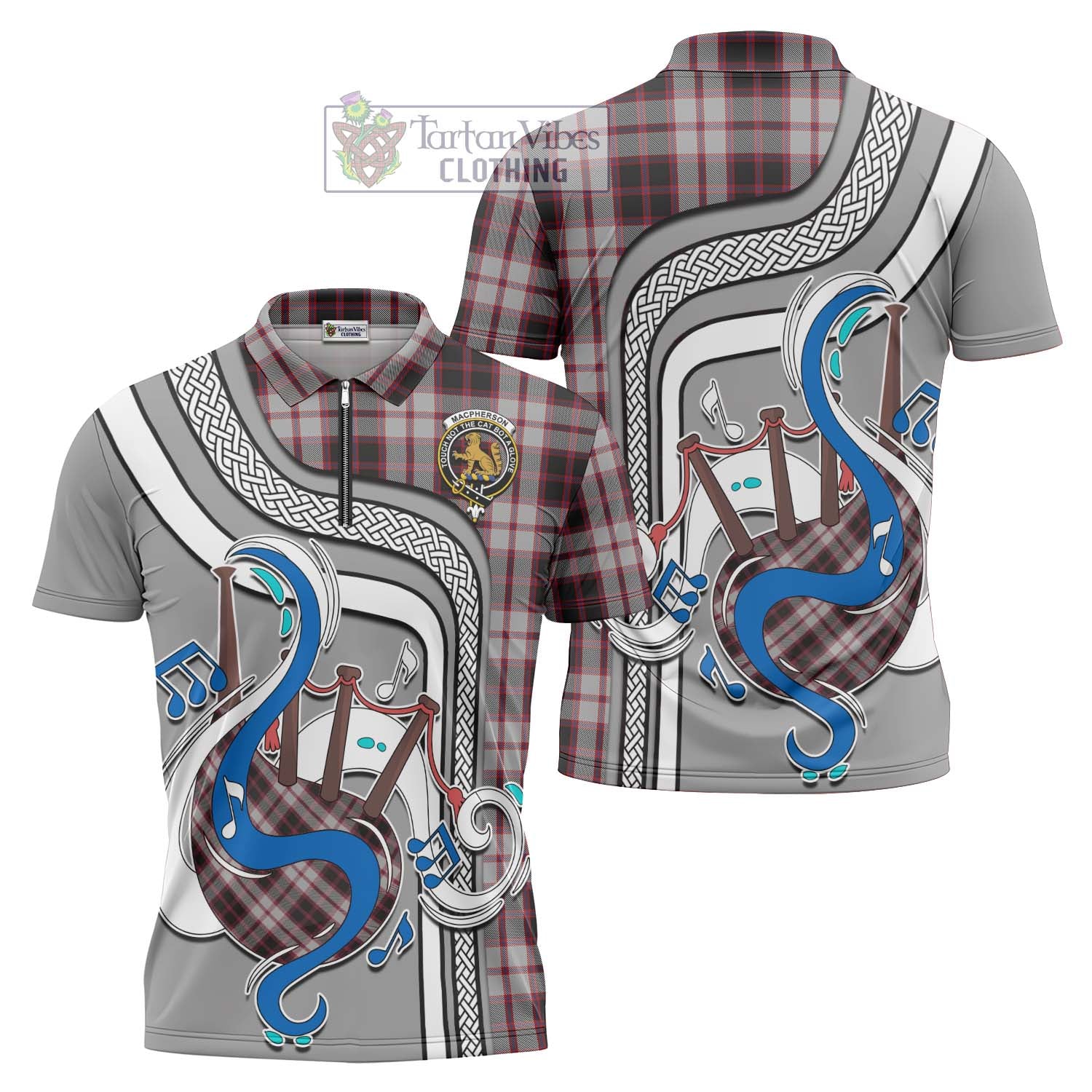 Tartan Vibes Clothing MacPherson Tartan Zipper Polo Shirt with Epic Bagpipe Style