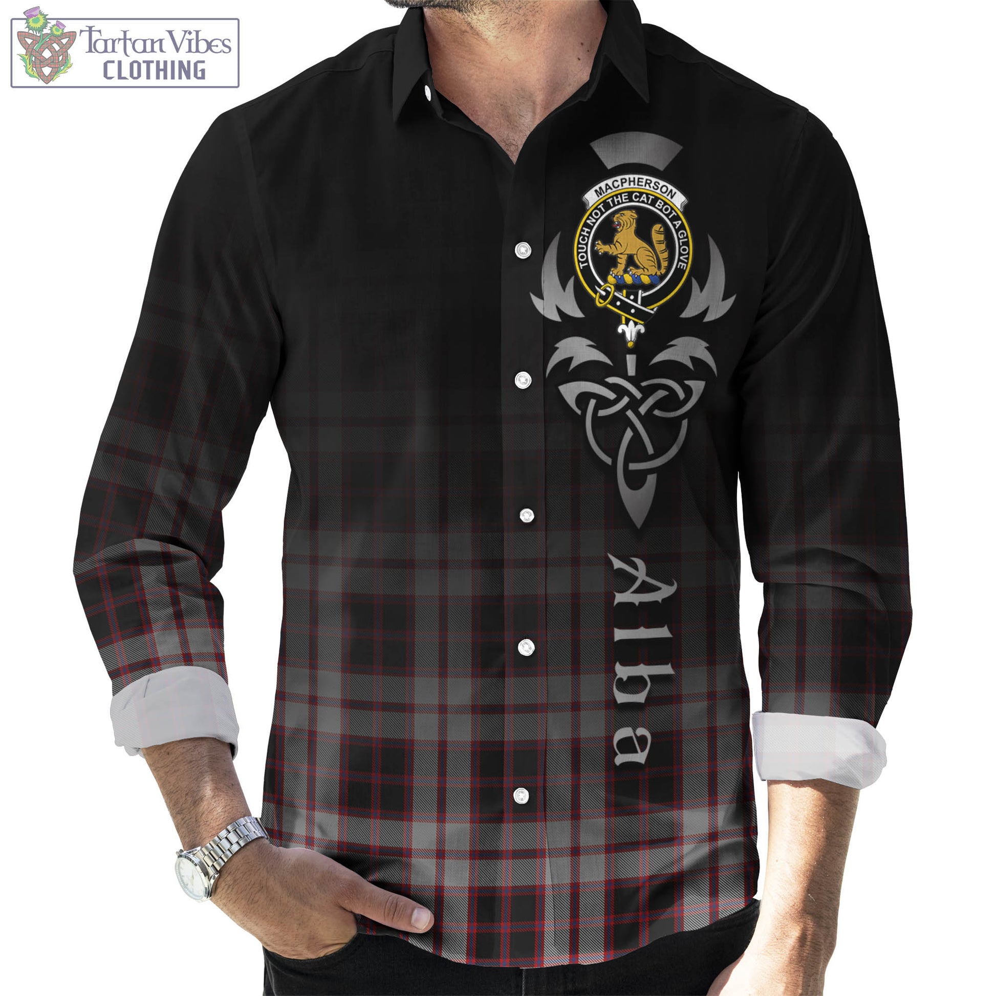 Tartan Vibes Clothing MacPherson Tartan Long Sleeve Button Up Featuring Alba Gu Brath Family Crest Celtic Inspired