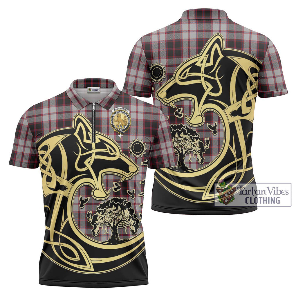 MacPherson (McPherson) Tartan Zipper Polo Shirt with Family Crest Celtic Wolf Style Unisex - Tartanvibesclothing Shop