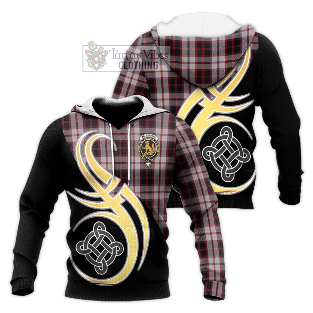 Tartan Vibes Clothing MacPherson Tartan Knitted Hoodie with Family Crest and Celtic Symbol Style