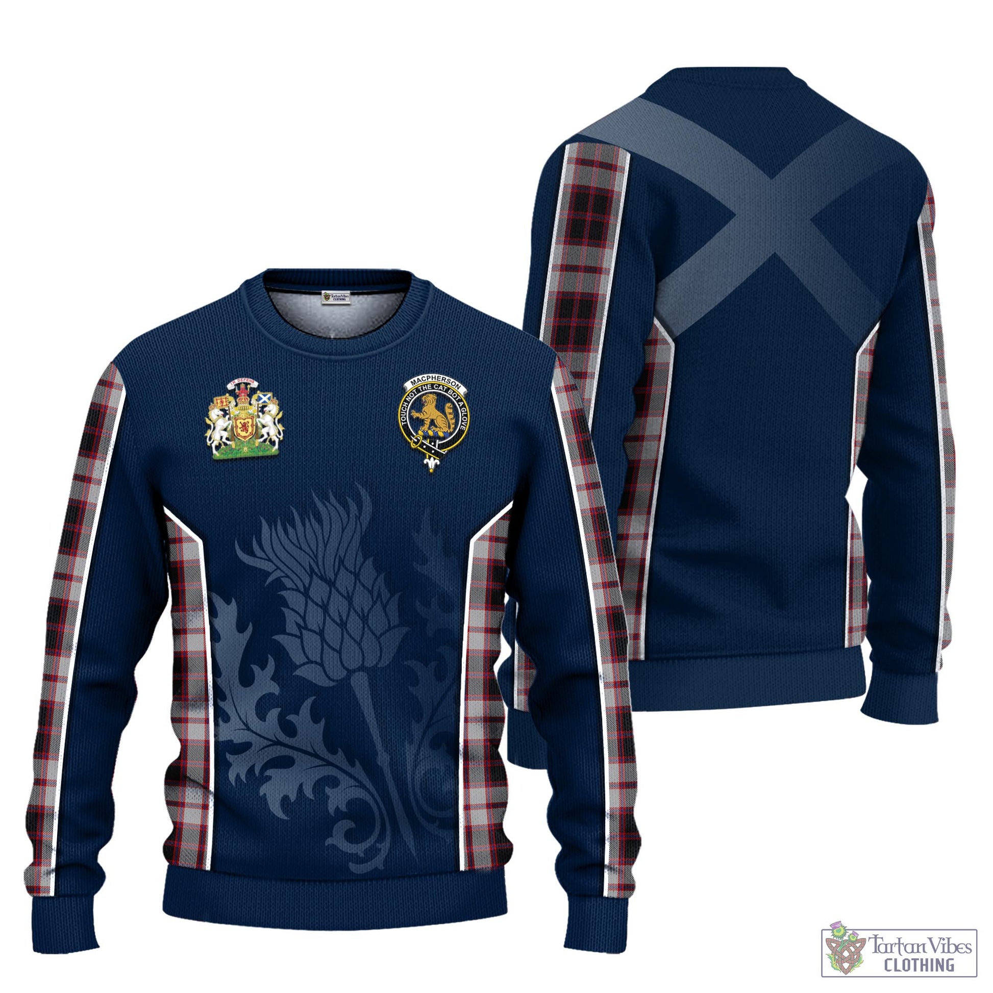 Tartan Vibes Clothing MacPherson Tartan Knitted Sweatshirt with Family Crest and Scottish Thistle Vibes Sport Style