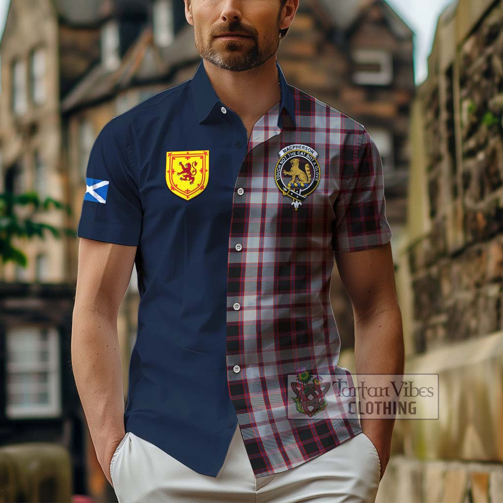 Tartan Vibes Clothing MacPherson Tartan Short Sleeve Button Shirt with Scottish Lion Royal Arm Half Style