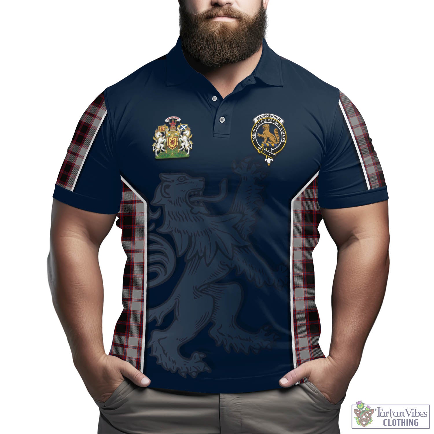 Tartan Vibes Clothing MacPherson Tartan Men's Polo Shirt with Family Crest and Lion Rampant Vibes Sport Style