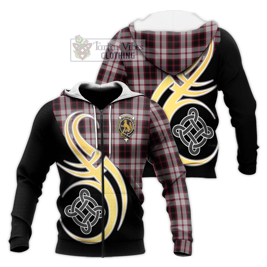 Tartan Vibes Clothing MacPherson Tartan Knitted Hoodie with Family Crest and Celtic Symbol Style