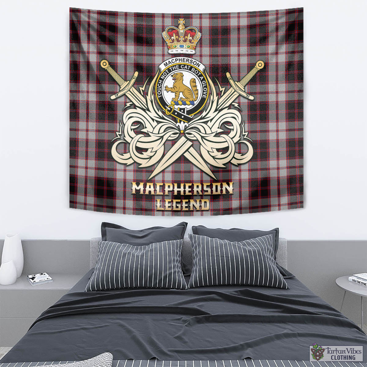 Tartan Vibes Clothing MacPherson Tartan Tapestry with Clan Crest and the Golden Sword of Courageous Legacy