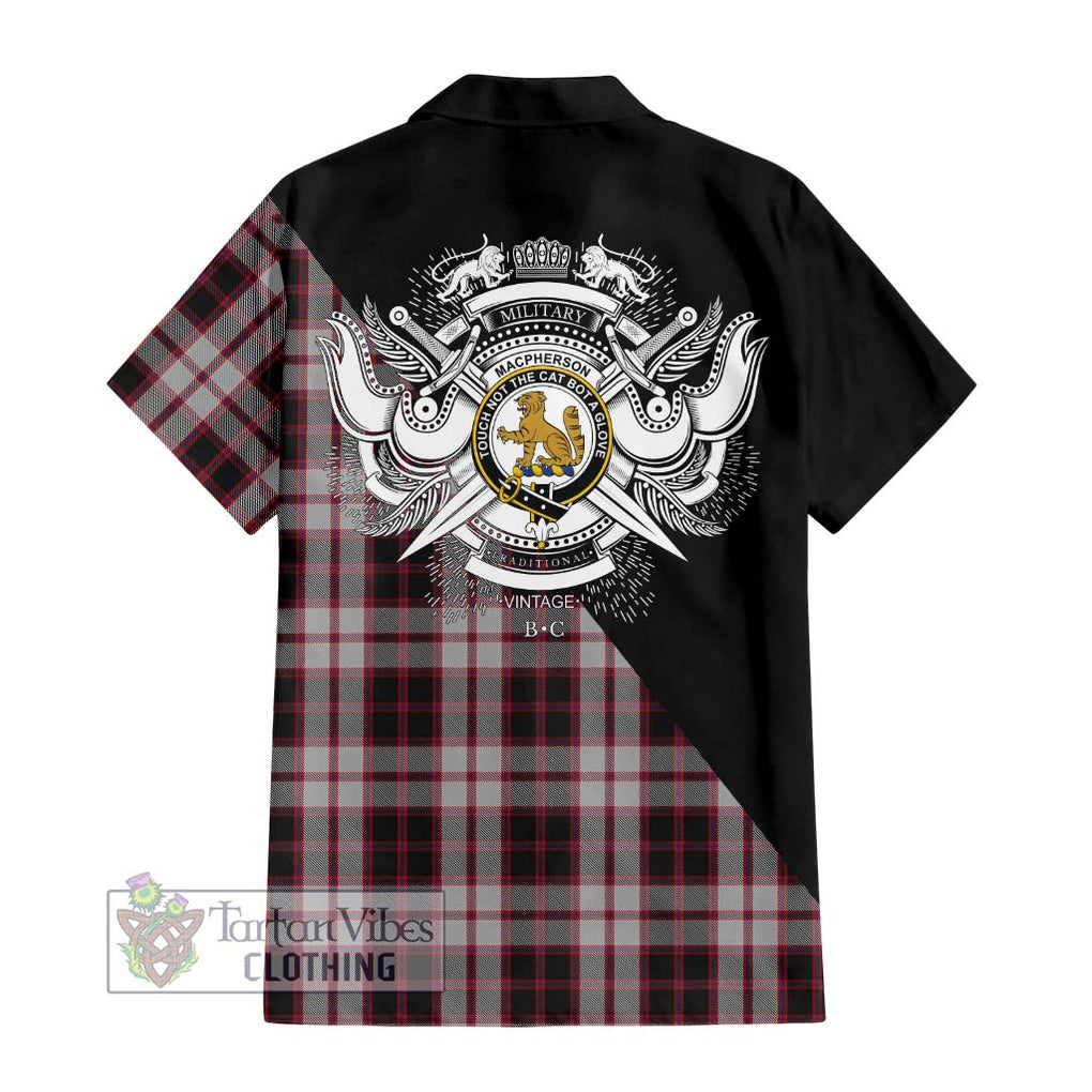 MacPherson (McPherson) Tartan Short Sleeve Button Shirt with Family Crest and Military Logo Style - Tartanvibesclothing Shop