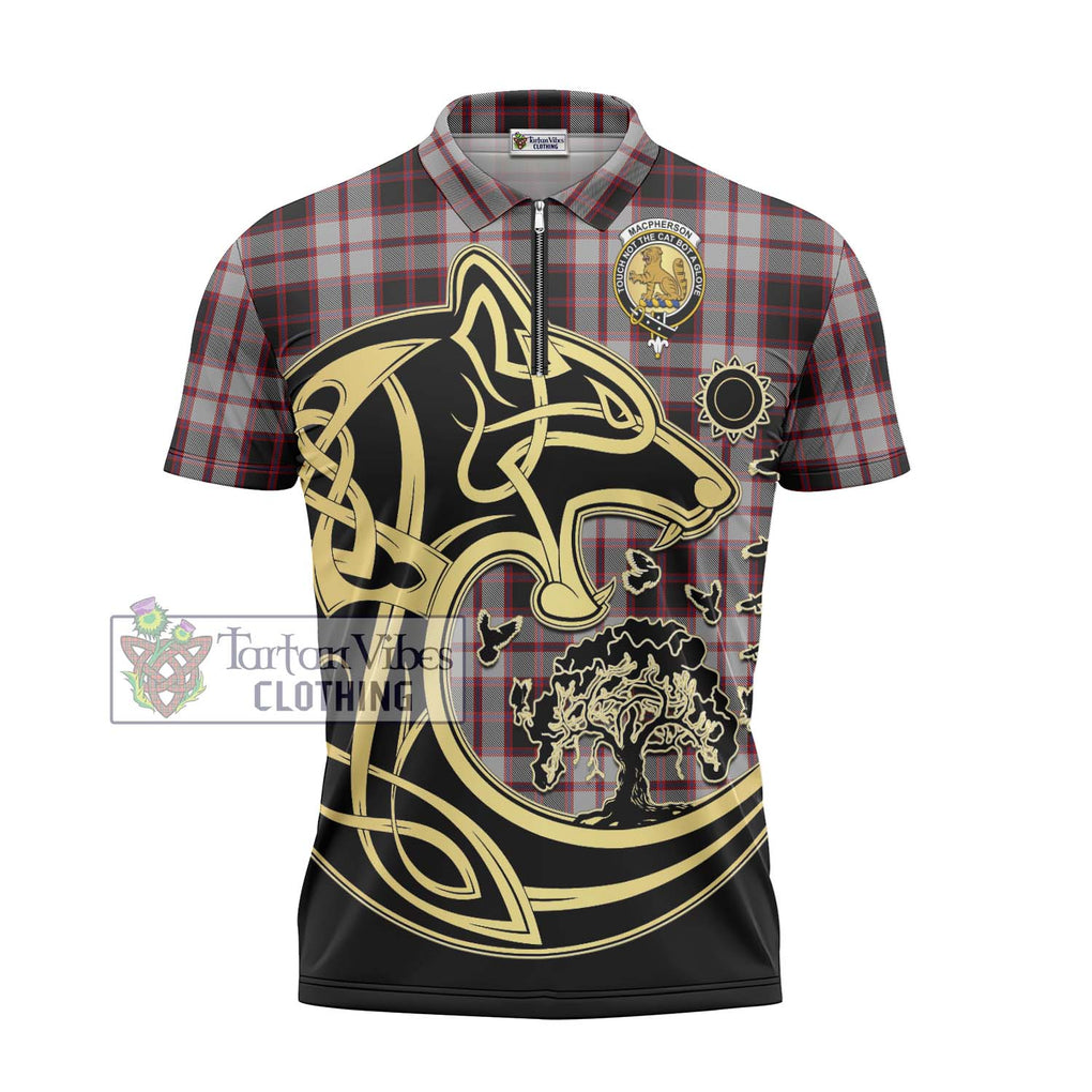 MacPherson (McPherson) Tartan Zipper Polo Shirt with Family Crest Celtic Wolf Style - Tartanvibesclothing Shop