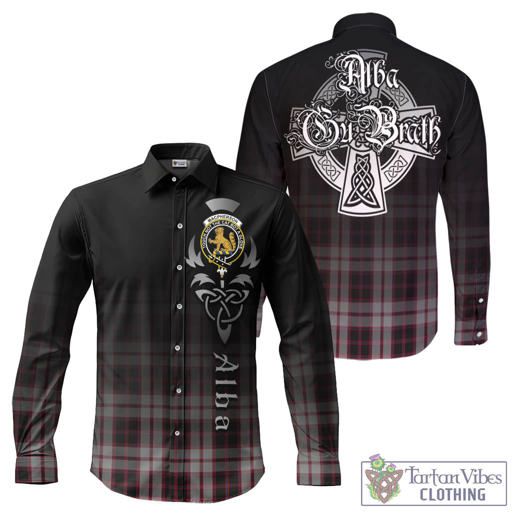 Tartan Vibes Clothing MacPherson Tartan Long Sleeve Button Up Featuring Alba Gu Brath Family Crest Celtic Inspired