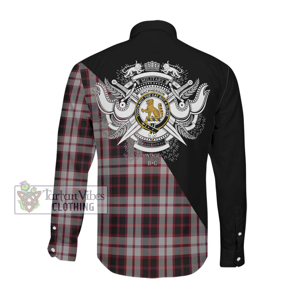 MacPherson (McPherson) Tartan Long Sleeve Button Shirt with Family Crest and Military Logo Style Men's Shirt - Tartanvibesclothing Shop