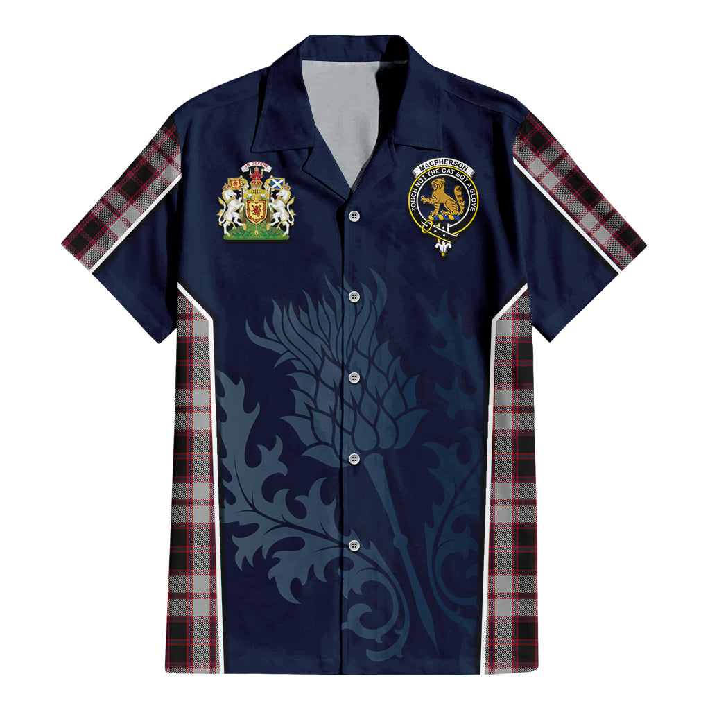 Tartan Vibes Clothing MacPherson Tartan Short Sleeve Button Up Shirt with Family Crest and Scottish Thistle Vibes Sport Style