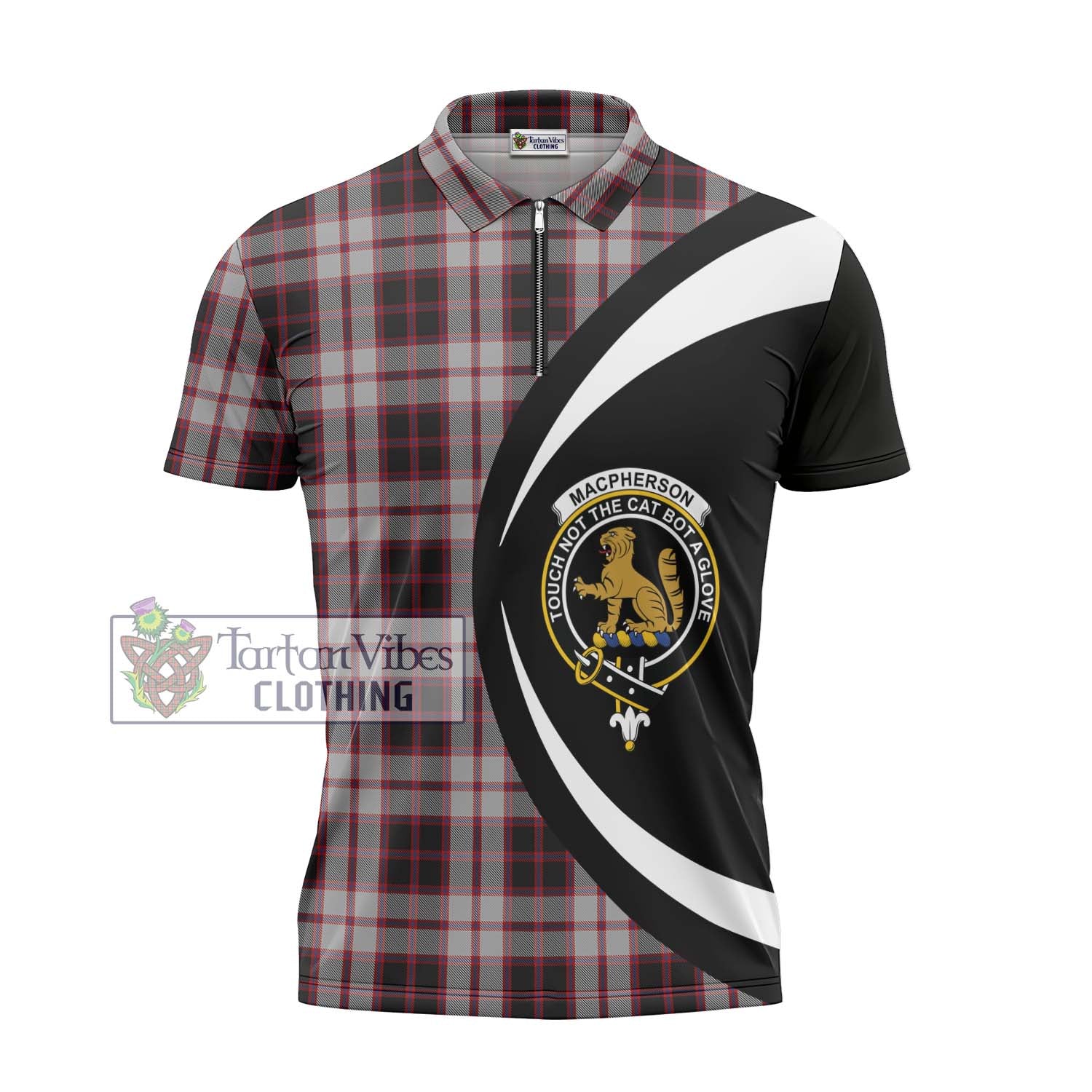 Tartan Vibes Clothing MacPherson Tartan Zipper Polo Shirt with Family Crest Circle Style