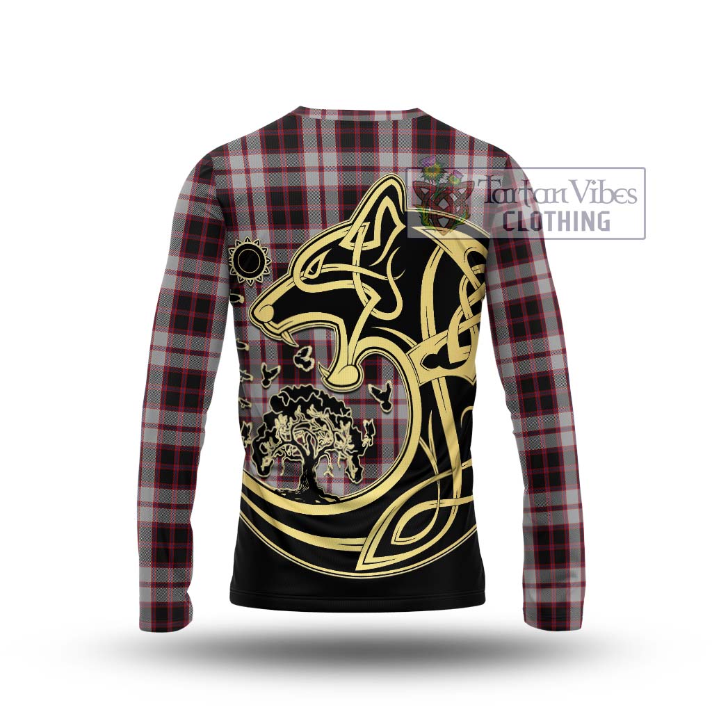 Tartan Vibes Clothing MacPherson Tartan Long Sleeve T-Shirt with Family Crest Celtic Wolf Style