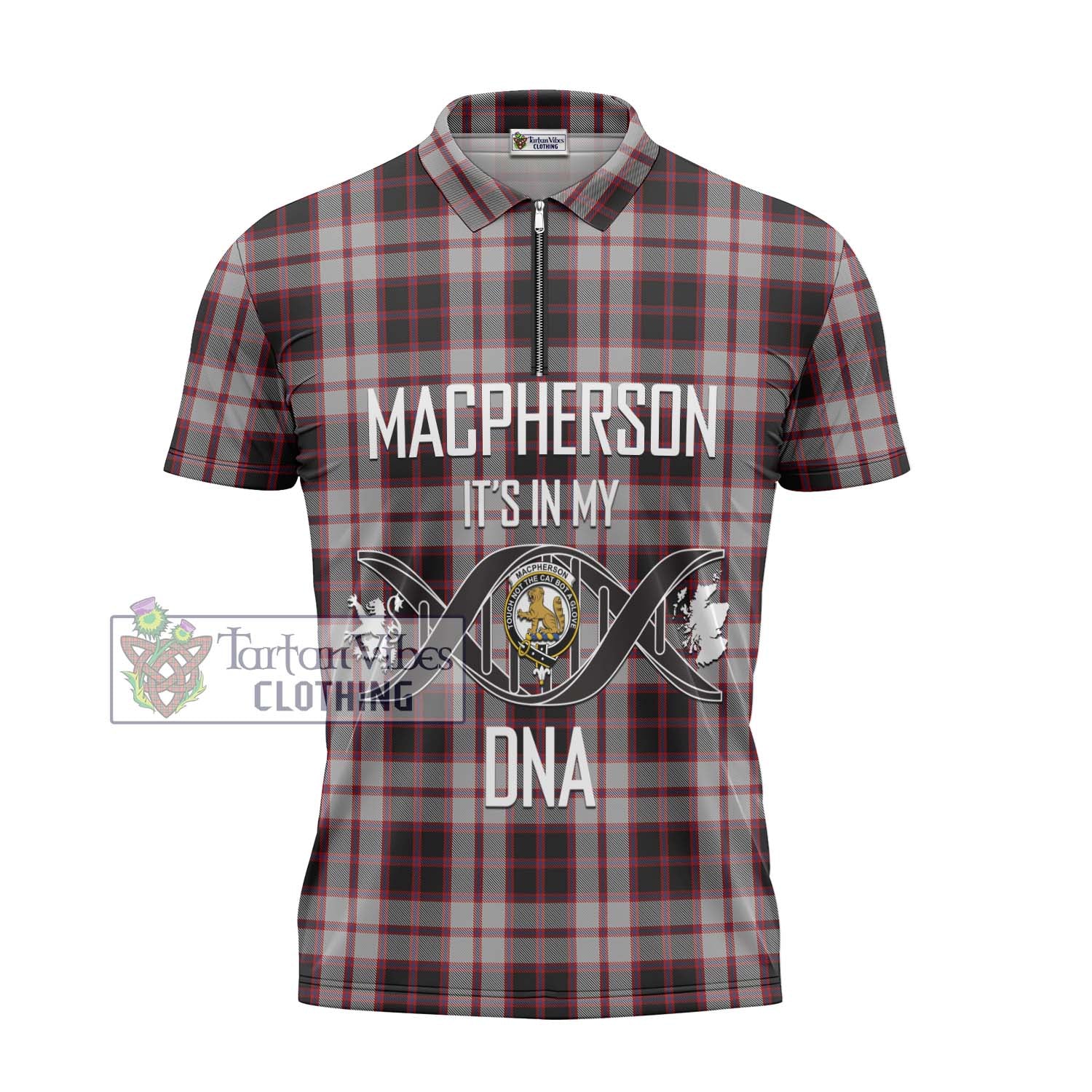 Tartan Vibes Clothing MacPherson Tartan Zipper Polo Shirt with Family Crest DNA In Me Style