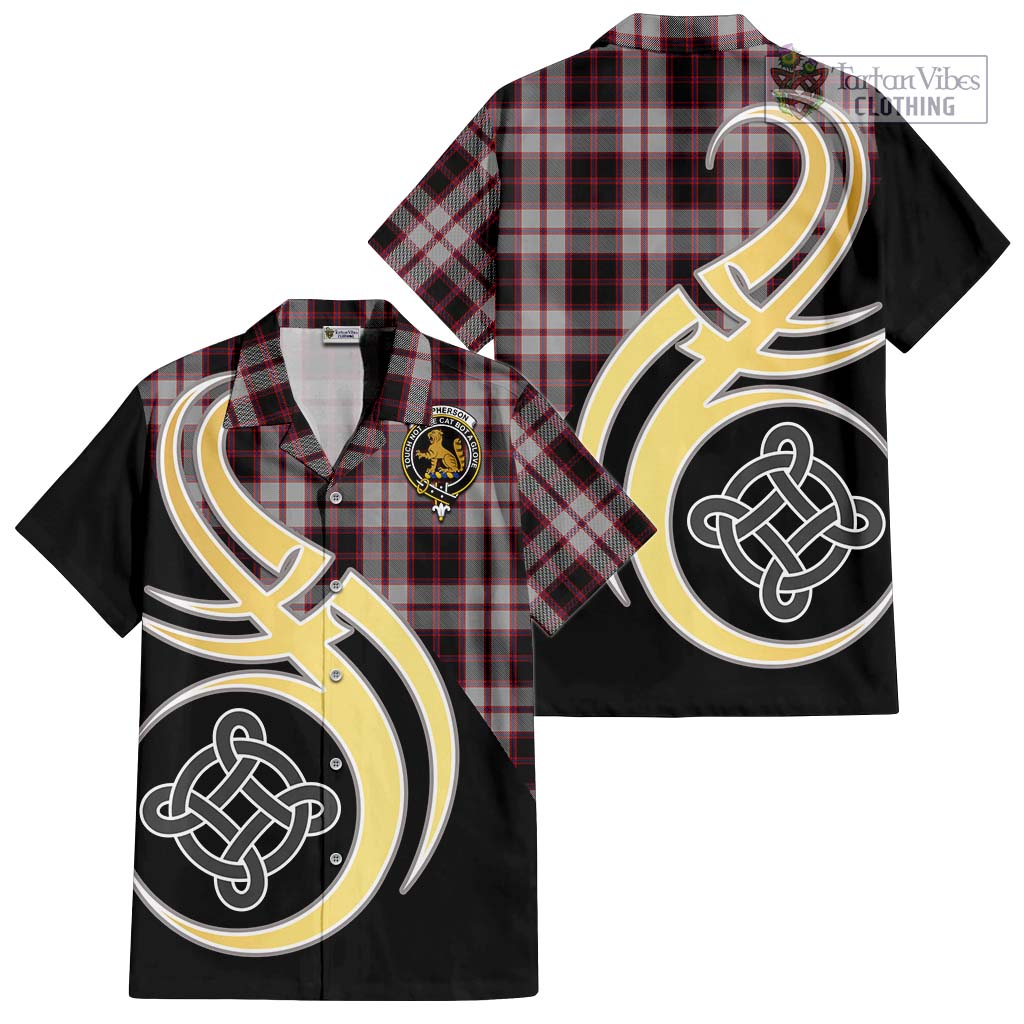 MacPherson (McPherson) Tartan Short Sleeve Button Shirt with Family Crest and Celtic Symbol Style - Tartan Vibes Clothing