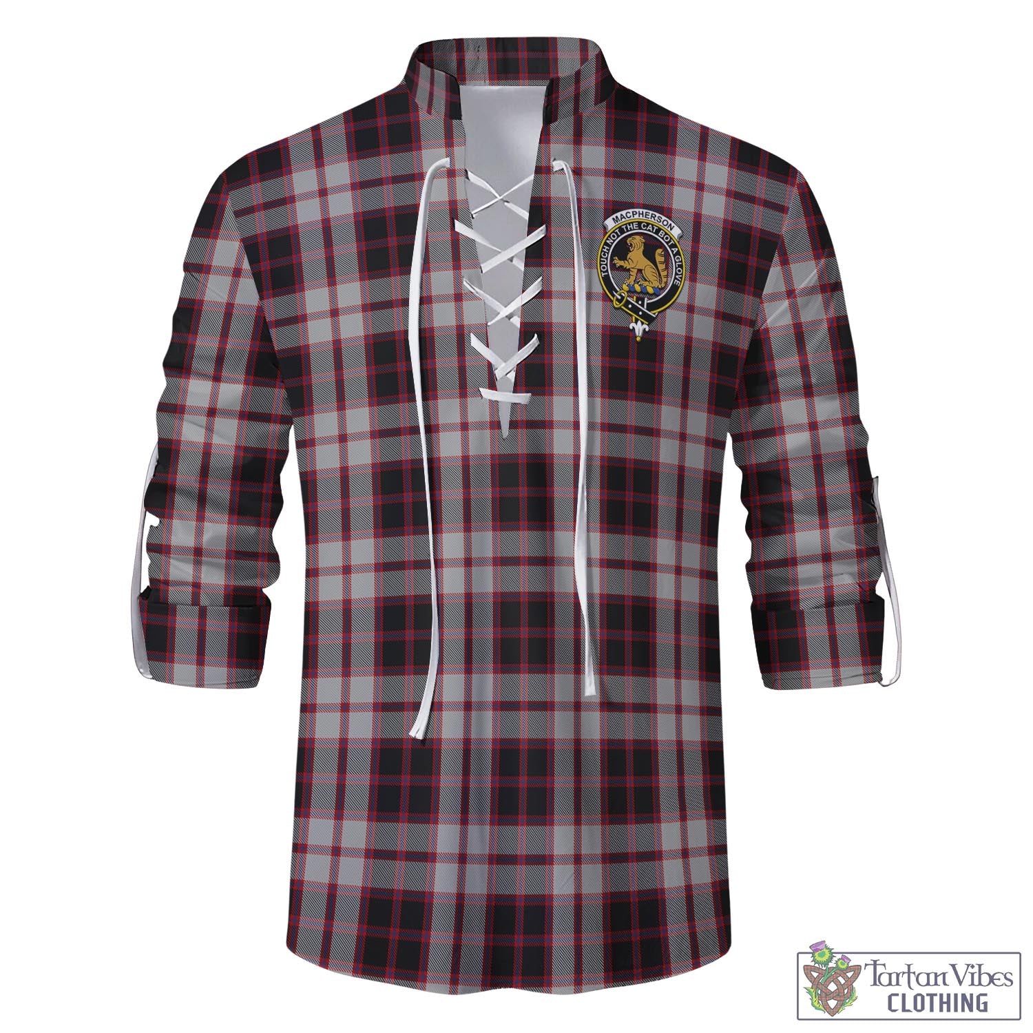 Tartan Vibes Clothing MacPherson Tartan Men's Scottish Traditional Jacobite Ghillie Kilt Shirt with Family Crest