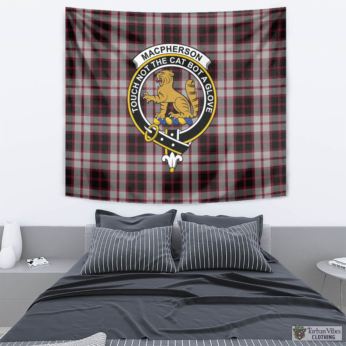 Tartan Vibes Clothing MacPherson Tartan Tapestry Wall Hanging and Home Decor for Room with Family Crest