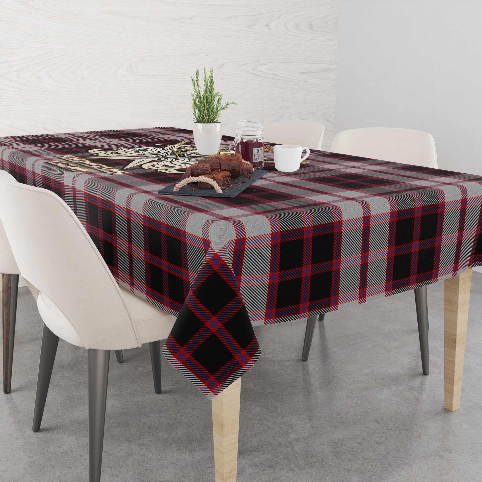 Tartan Vibes Clothing MacPherson Tartan Tablecloth with Clan Crest and the Golden Sword of Courageous Legacy