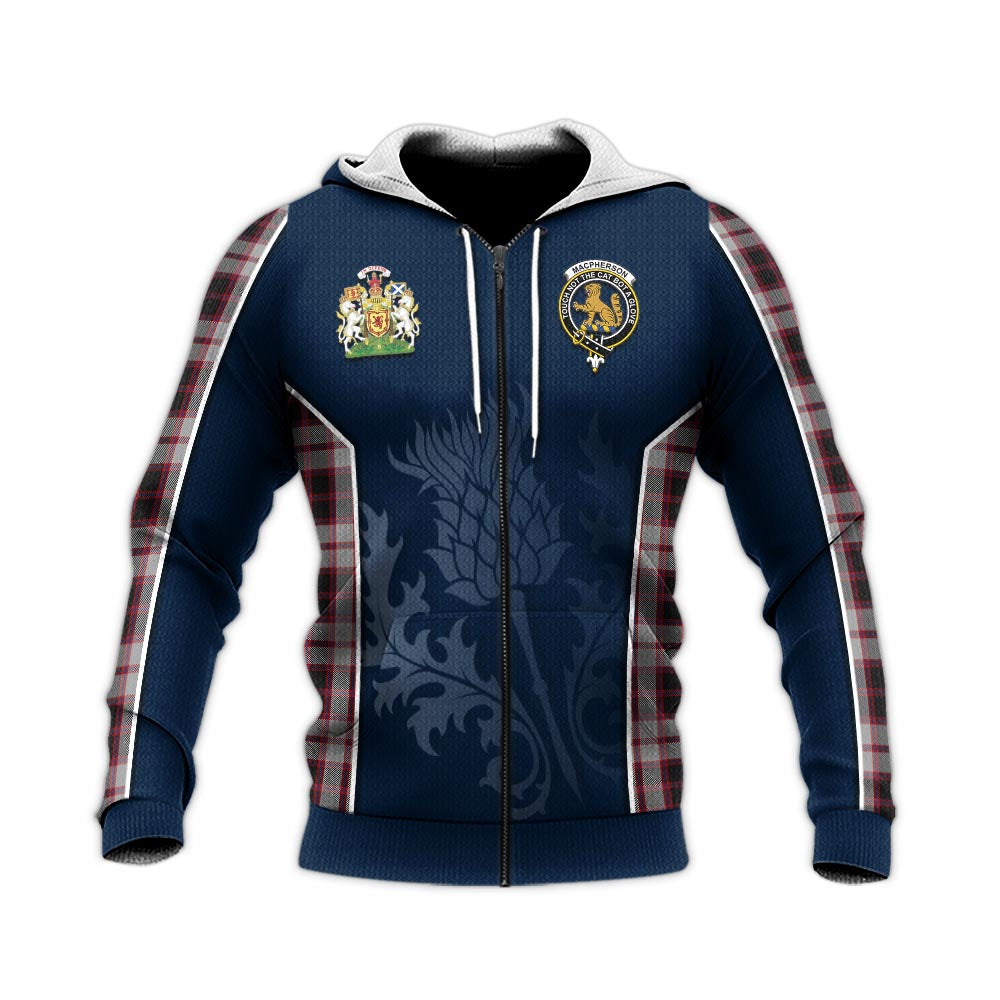 Tartan Vibes Clothing MacPherson Tartan Knitted Hoodie with Family Crest and Scottish Thistle Vibes Sport Style