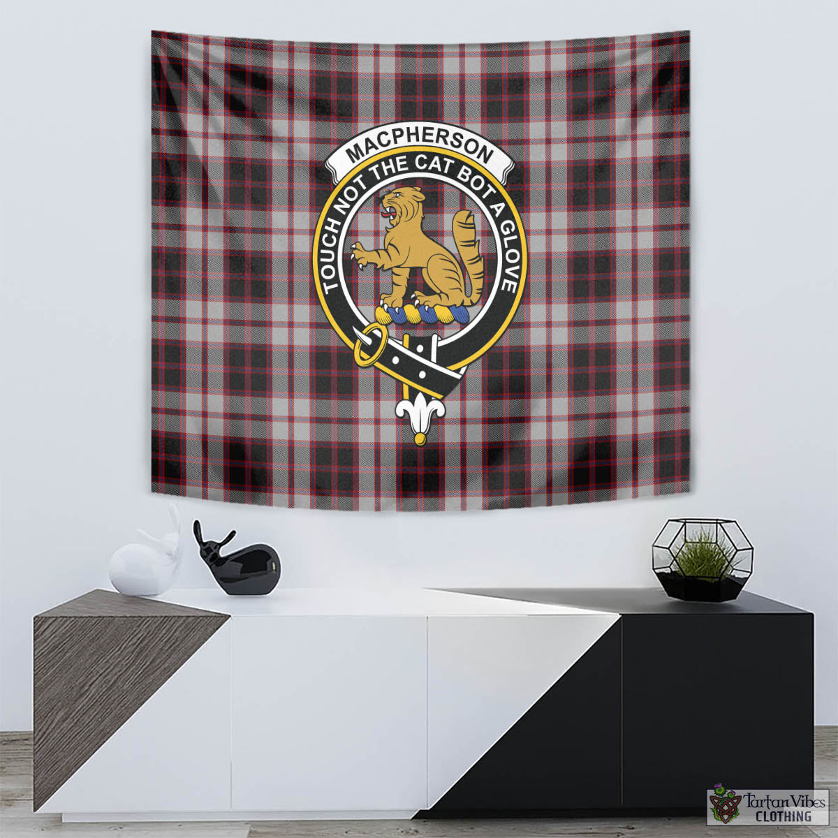 Tartan Vibes Clothing MacPherson Tartan Tapestry Wall Hanging and Home Decor for Room with Family Crest