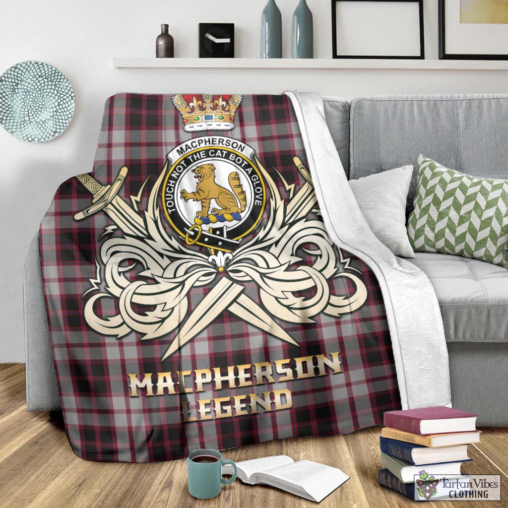 Tartan Vibes Clothing MacPherson Tartan Blanket with Clan Crest and the Golden Sword of Courageous Legacy