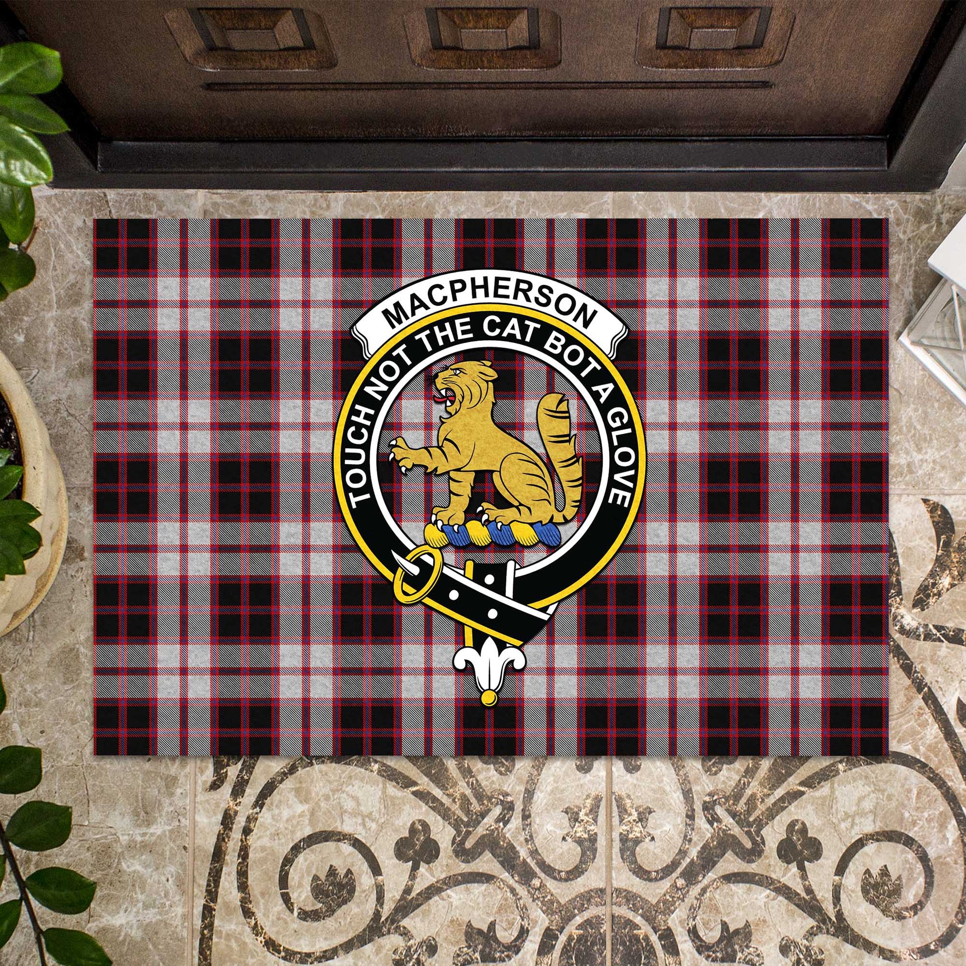 MacPherson Tartan Door Mat with Family Crest - Tartanvibesclothing