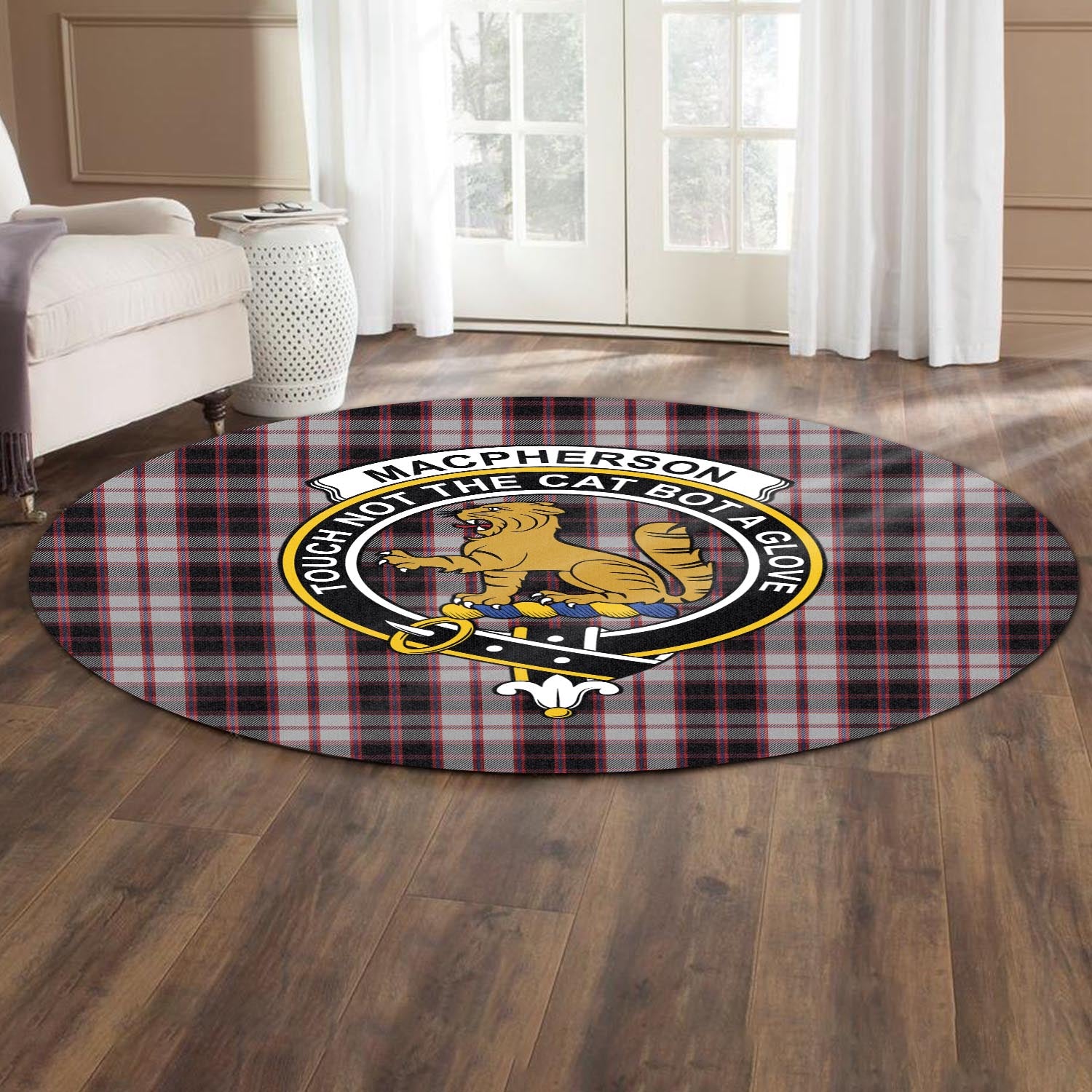 macpherson-tartan-round-rug-with-family-crest