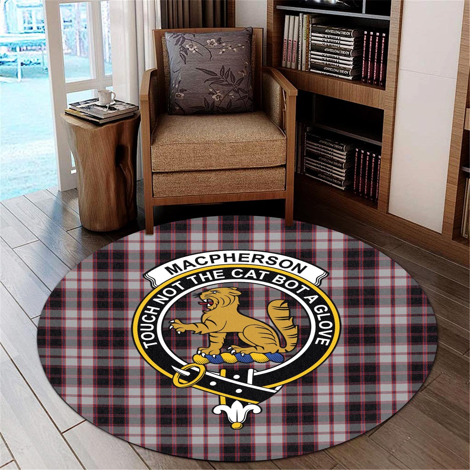 macpherson-tartan-round-rug-with-family-crest