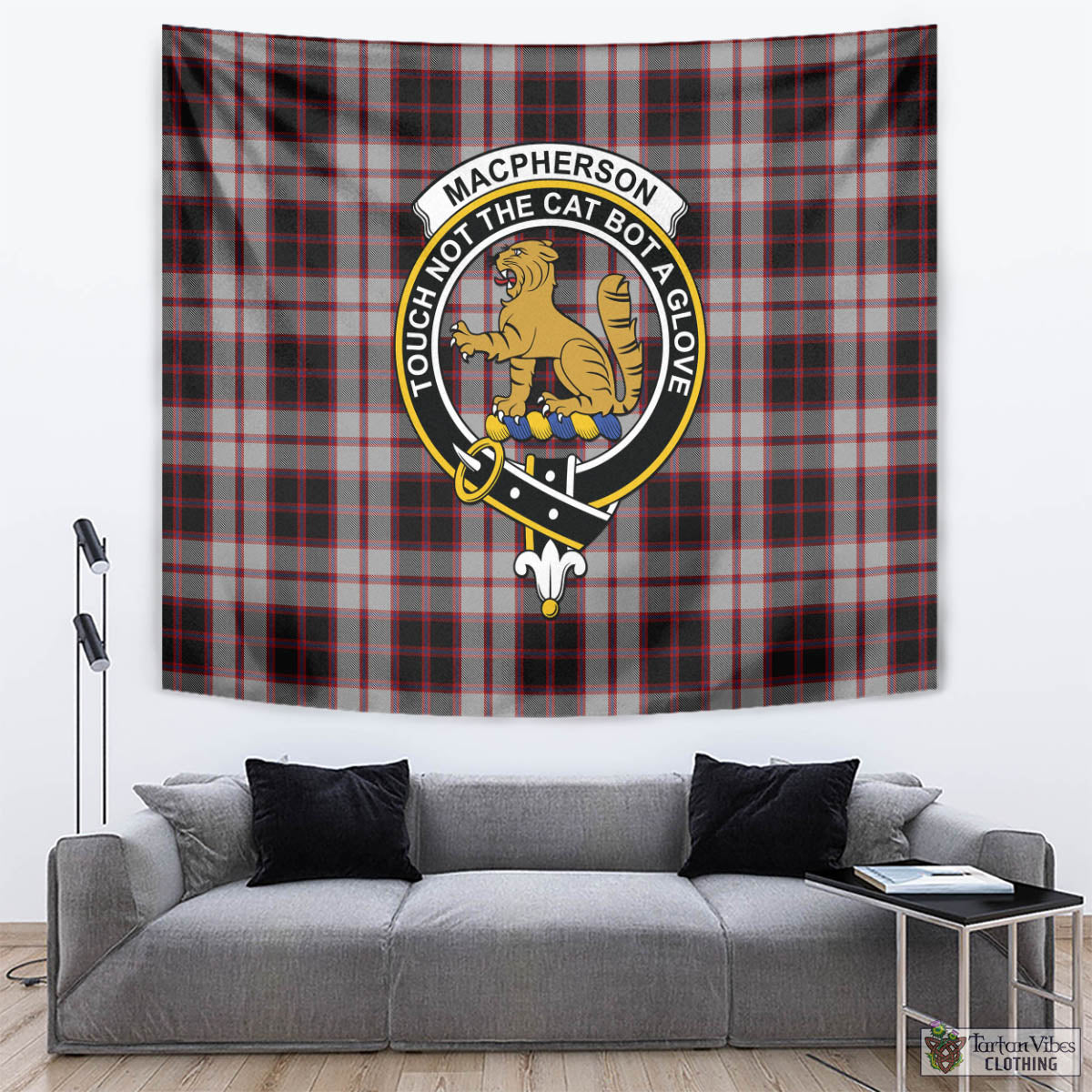 Tartan Vibes Clothing MacPherson Tartan Tapestry Wall Hanging and Home Decor for Room with Family Crest