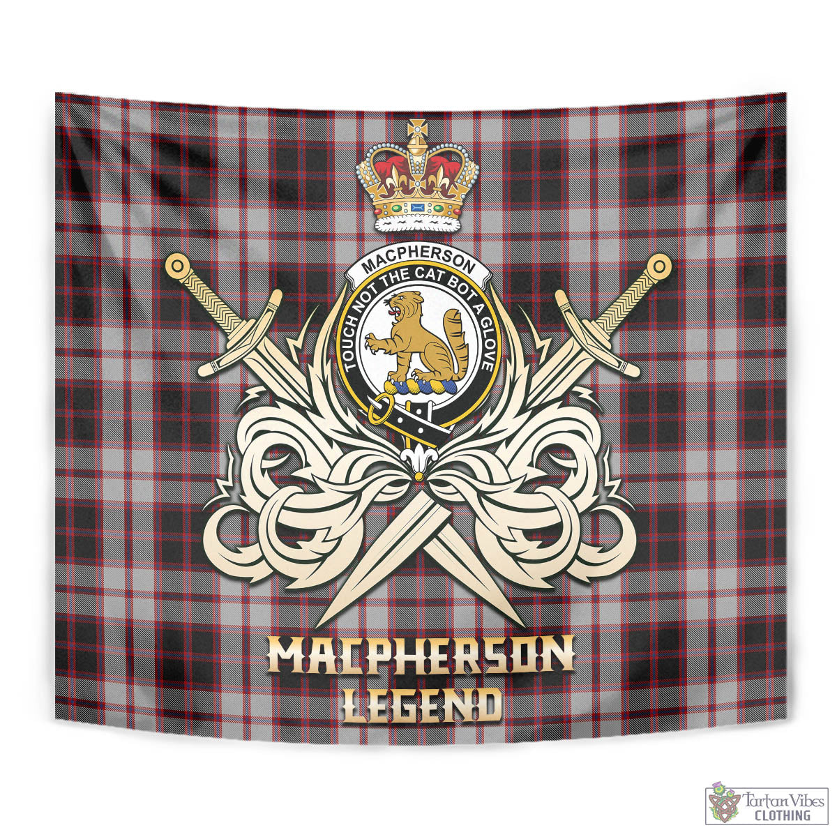 Tartan Vibes Clothing MacPherson Tartan Tapestry with Clan Crest and the Golden Sword of Courageous Legacy