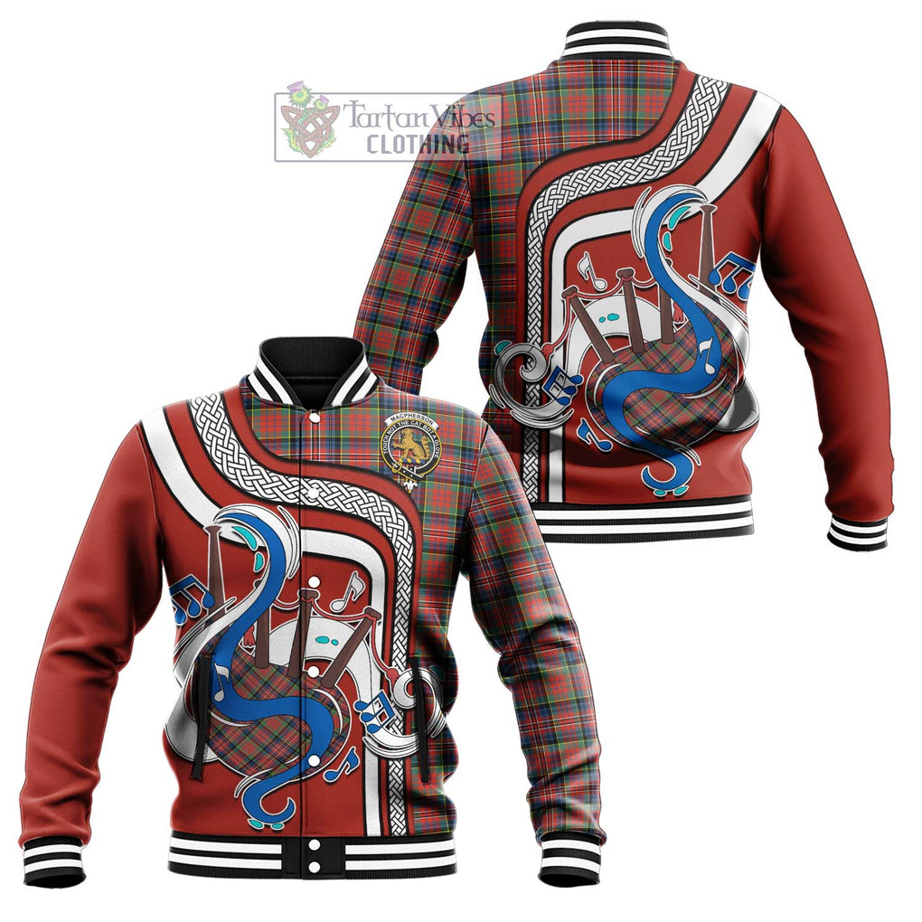 Tartan Vibes Clothing MacPherson Ancient Tartan Baseball Jacket with Epic Bagpipe Style