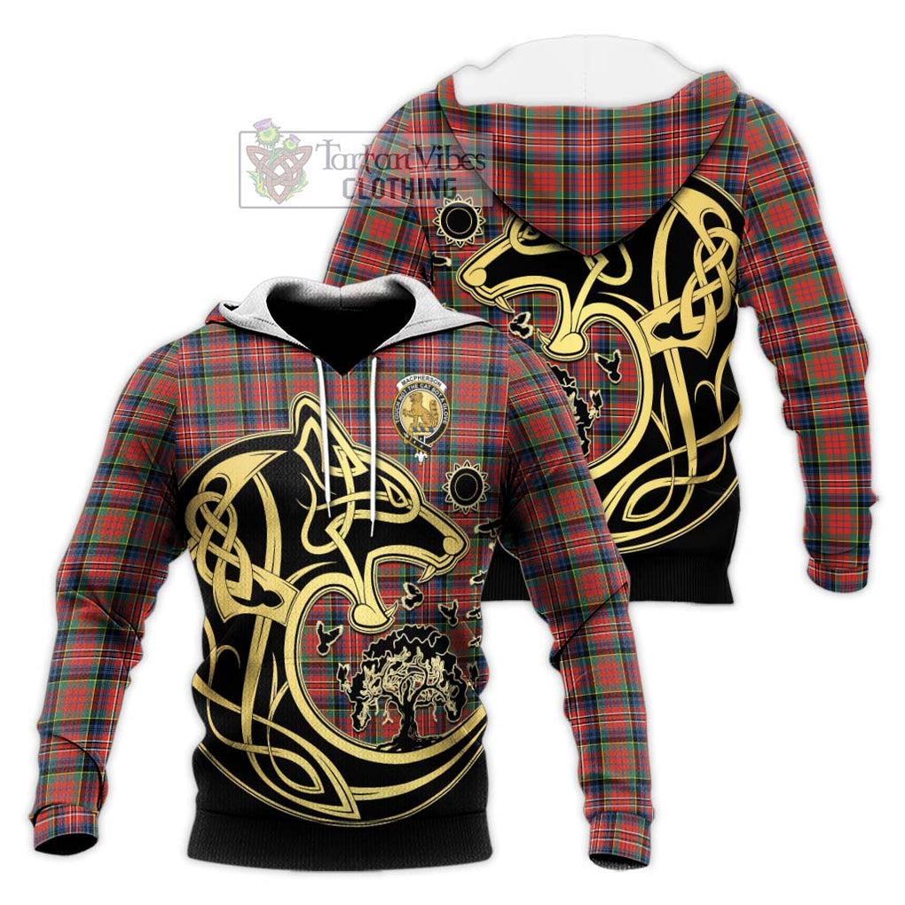 MacPherson Ancient Tartan Knitted Hoodie with Family Crest Celtic Wolf Style Unisex Knitted Pullover Hoodie - Tartan Vibes Clothing