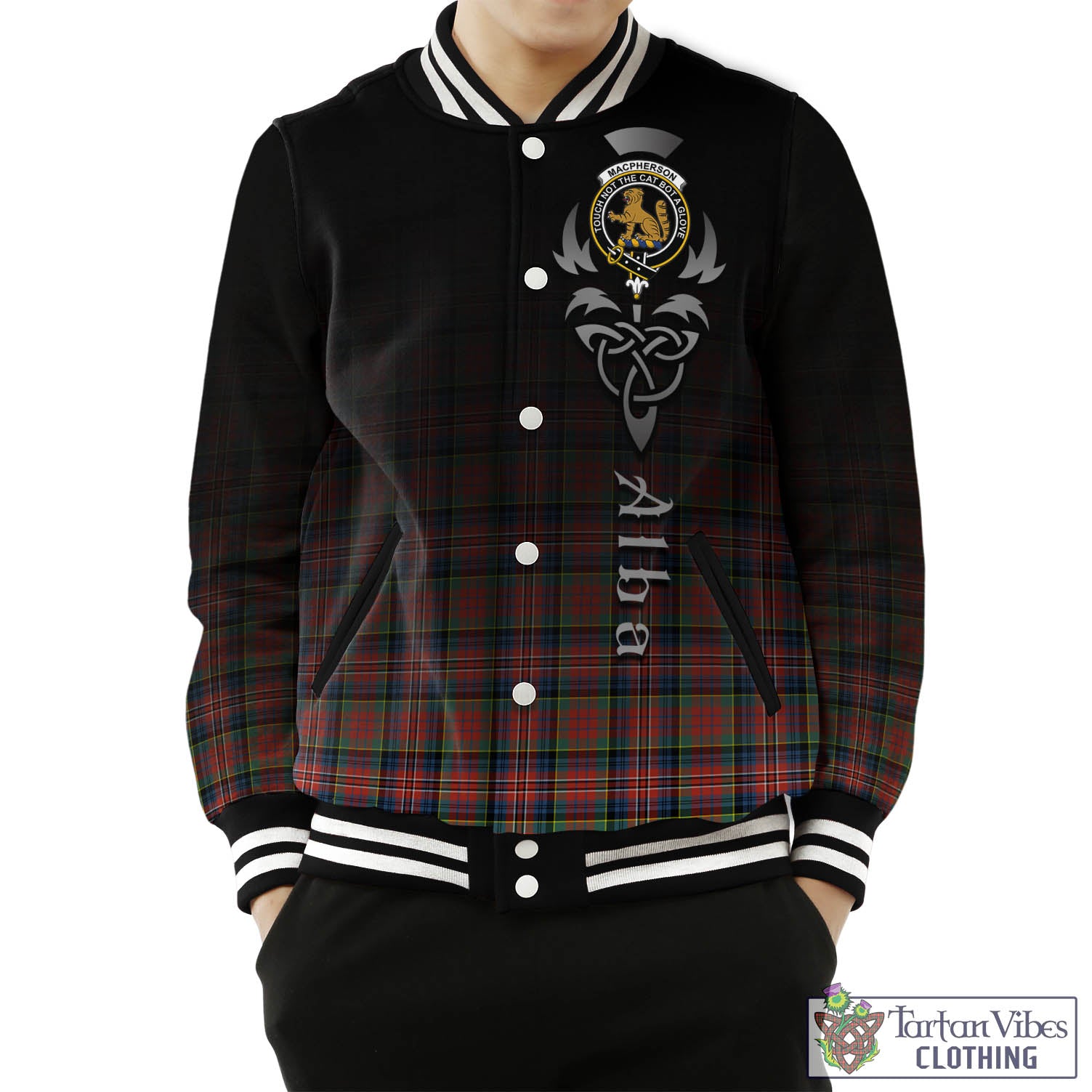 Tartan Vibes Clothing MacPherson Ancient Tartan Baseball Jacket Featuring Alba Gu Brath Family Crest Celtic Inspired