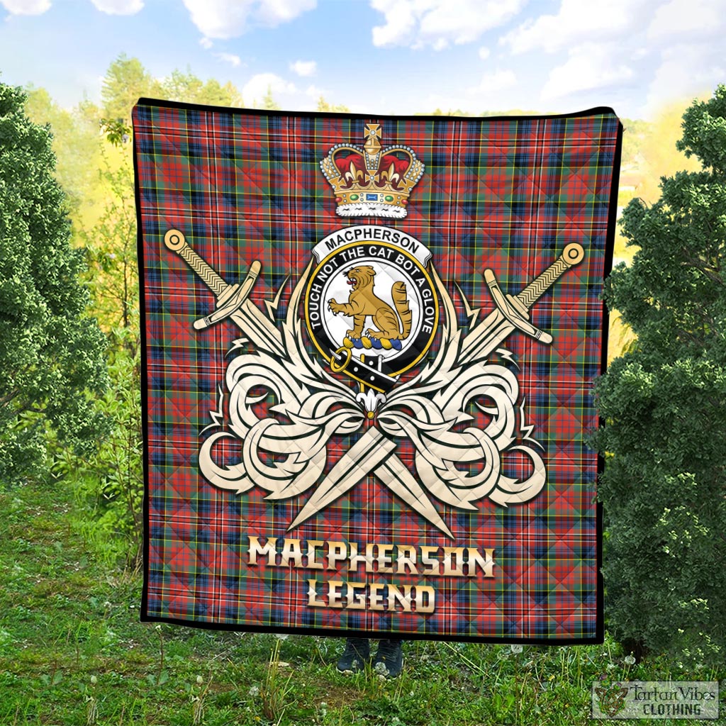 Tartan Vibes Clothing MacPherson Ancient Tartan Quilt with Clan Crest and the Golden Sword of Courageous Legacy