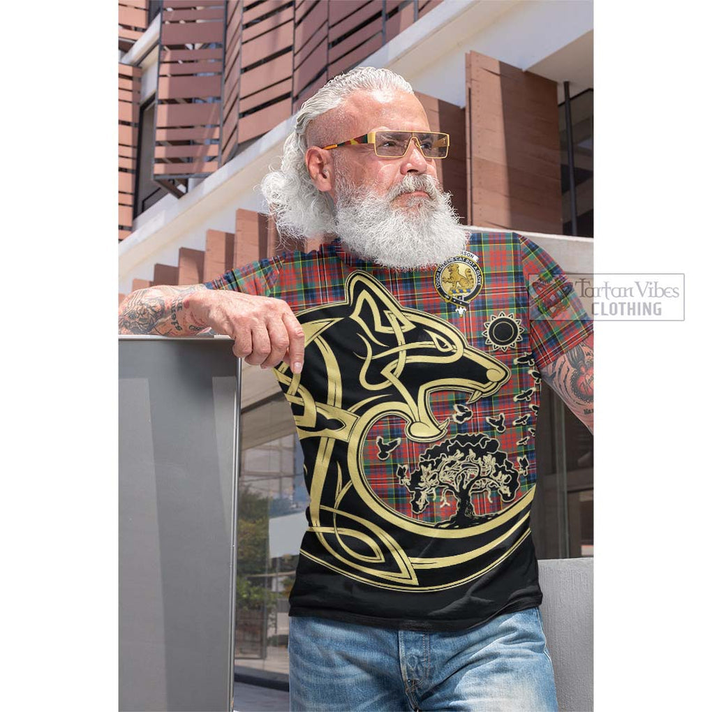 Tartan Vibes Clothing MacPherson Ancient Tartan Cotton T-shirt with Family Crest Celtic Wolf Style