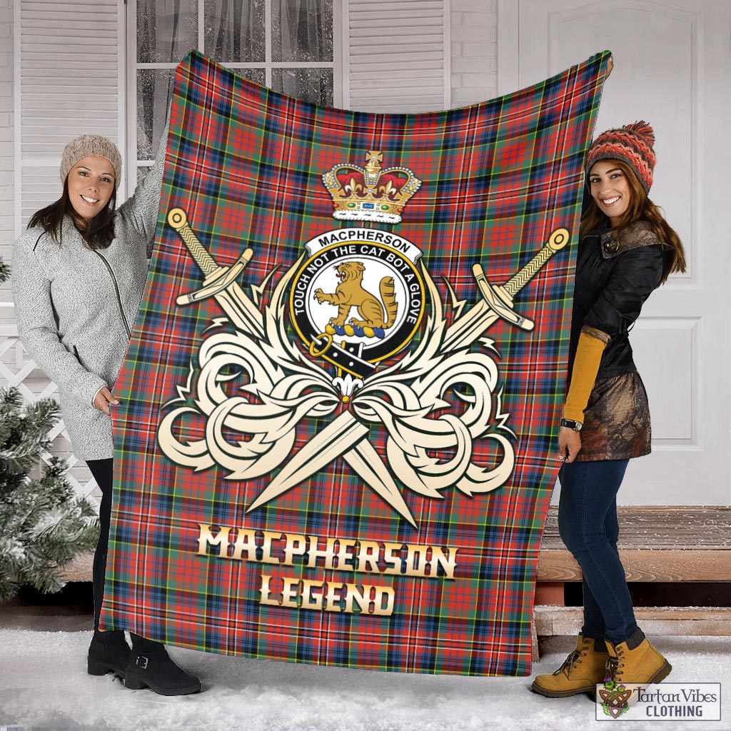 Tartan Vibes Clothing MacPherson Ancient Tartan Blanket with Clan Crest and the Golden Sword of Courageous Legacy