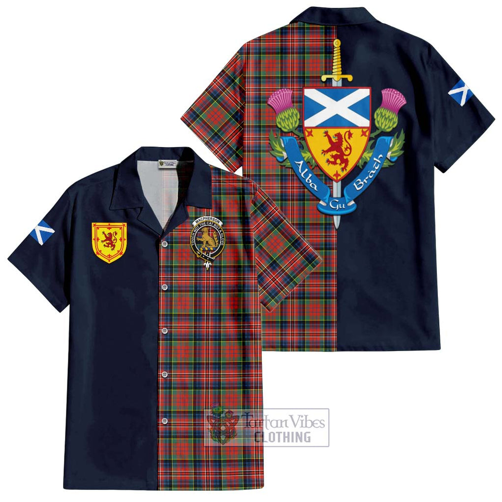 Tartan Vibes Clothing MacPherson Ancient Tartan Short Sleeve Button Shirt with Scottish Lion Royal Arm Half Style