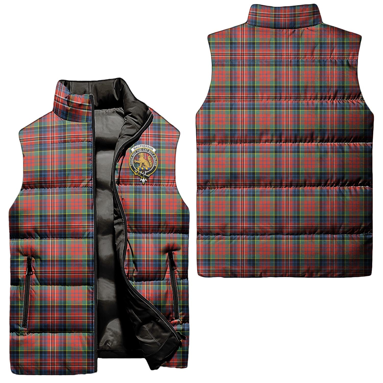 MacPherson Ancient Tartan Sleeveless Puffer Jacket with Family Crest Unisex - Tartanvibesclothing