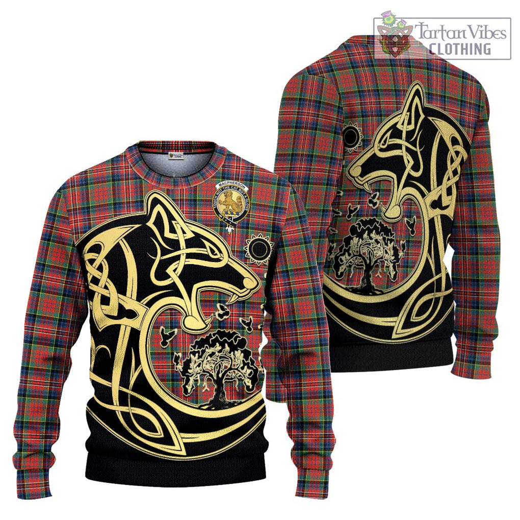 MacPherson Ancient Tartan Knitted Sweater with Family Crest Celtic Wolf Style Unisex - Tartan Vibes Clothing