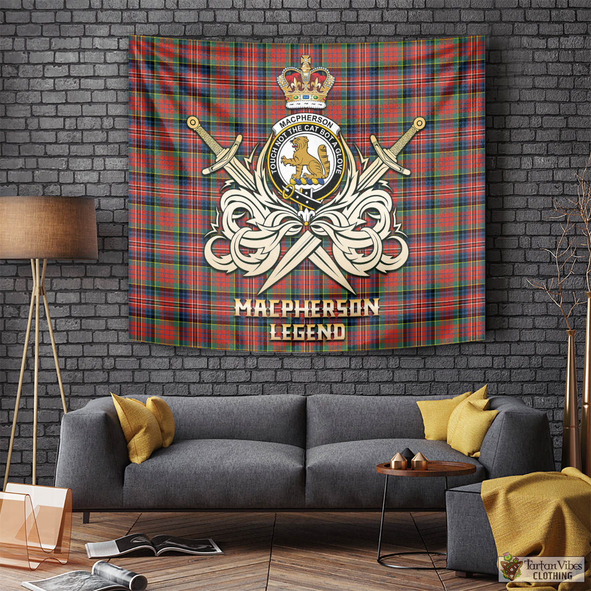 Tartan Vibes Clothing MacPherson Ancient Tartan Tapestry with Clan Crest and the Golden Sword of Courageous Legacy