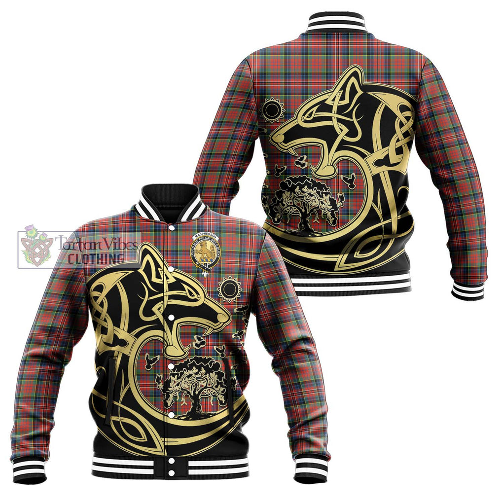 MacPherson Ancient Tartan Baseball Jacket with Family Crest Celtic Wolf Style Unisex - Tartan Vibes Clothing