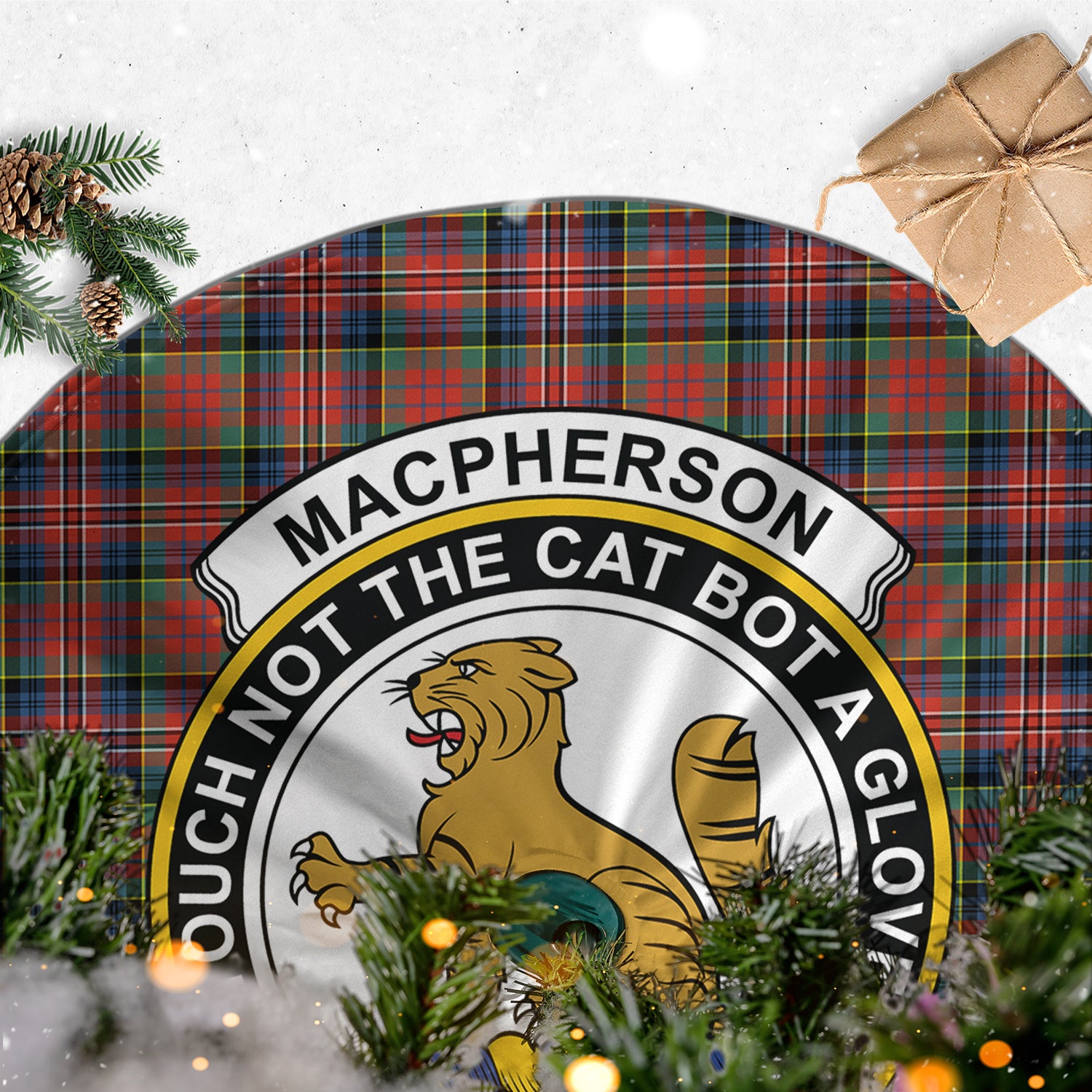 MacPherson Ancient Tartan Christmas Tree Skirt with Family Crest - Tartanvibesclothing