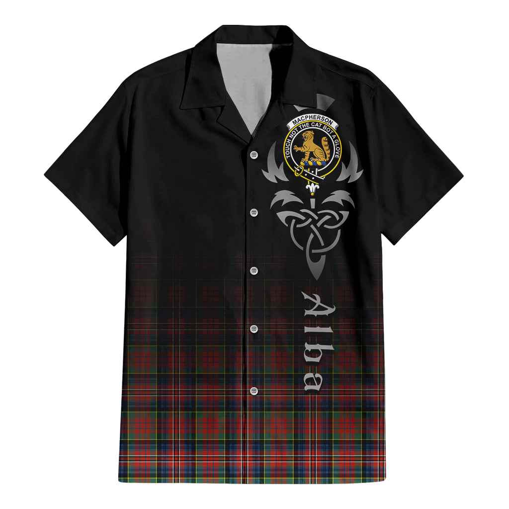 Tartan Vibes Clothing MacPherson Ancient Tartan Short Sleeve Button Up Featuring Alba Gu Brath Family Crest Celtic Inspired