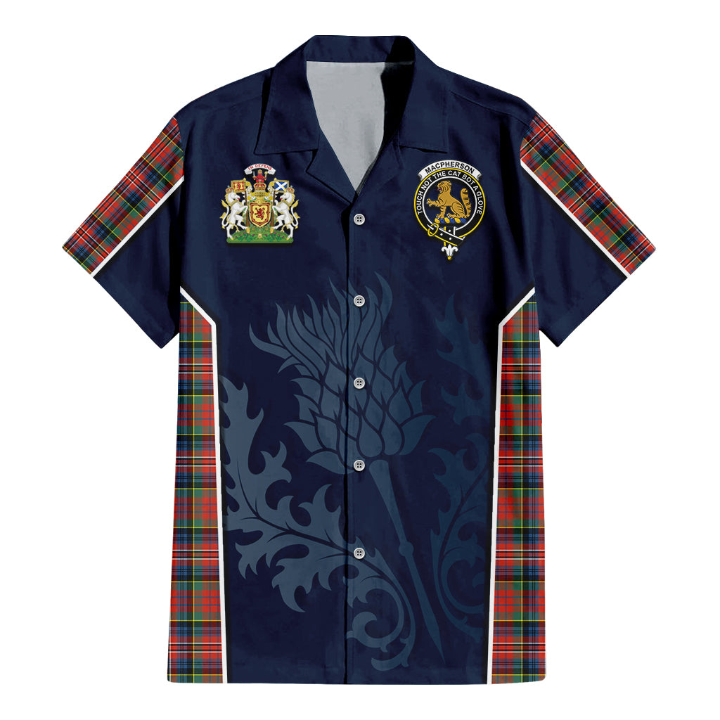 Tartan Vibes Clothing MacPherson Ancient Tartan Short Sleeve Button Up Shirt with Family Crest and Scottish Thistle Vibes Sport Style