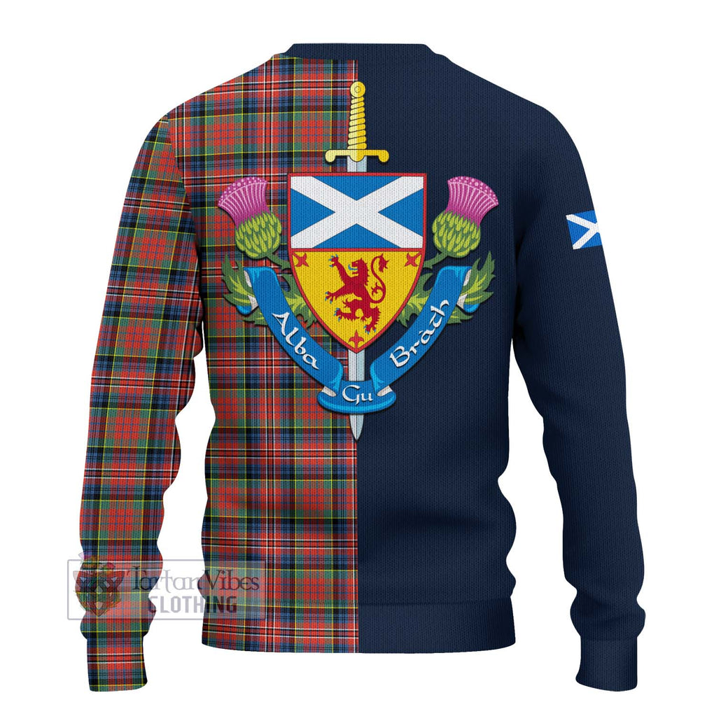 Tartan Vibes Clothing MacPherson Ancient Tartan Knitted Sweater with Scottish Lion Royal Arm Half Style