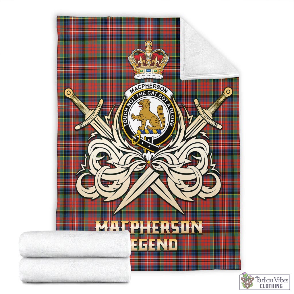 Tartan Vibes Clothing MacPherson Ancient Tartan Blanket with Clan Crest and the Golden Sword of Courageous Legacy