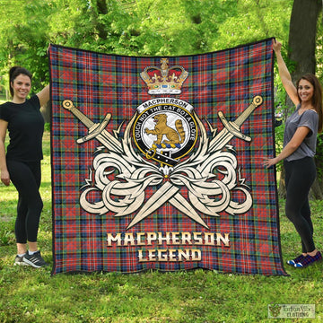 MacPherson Ancient Tartan Quilt with Clan Crest and the Golden Sword of Courageous Legacy