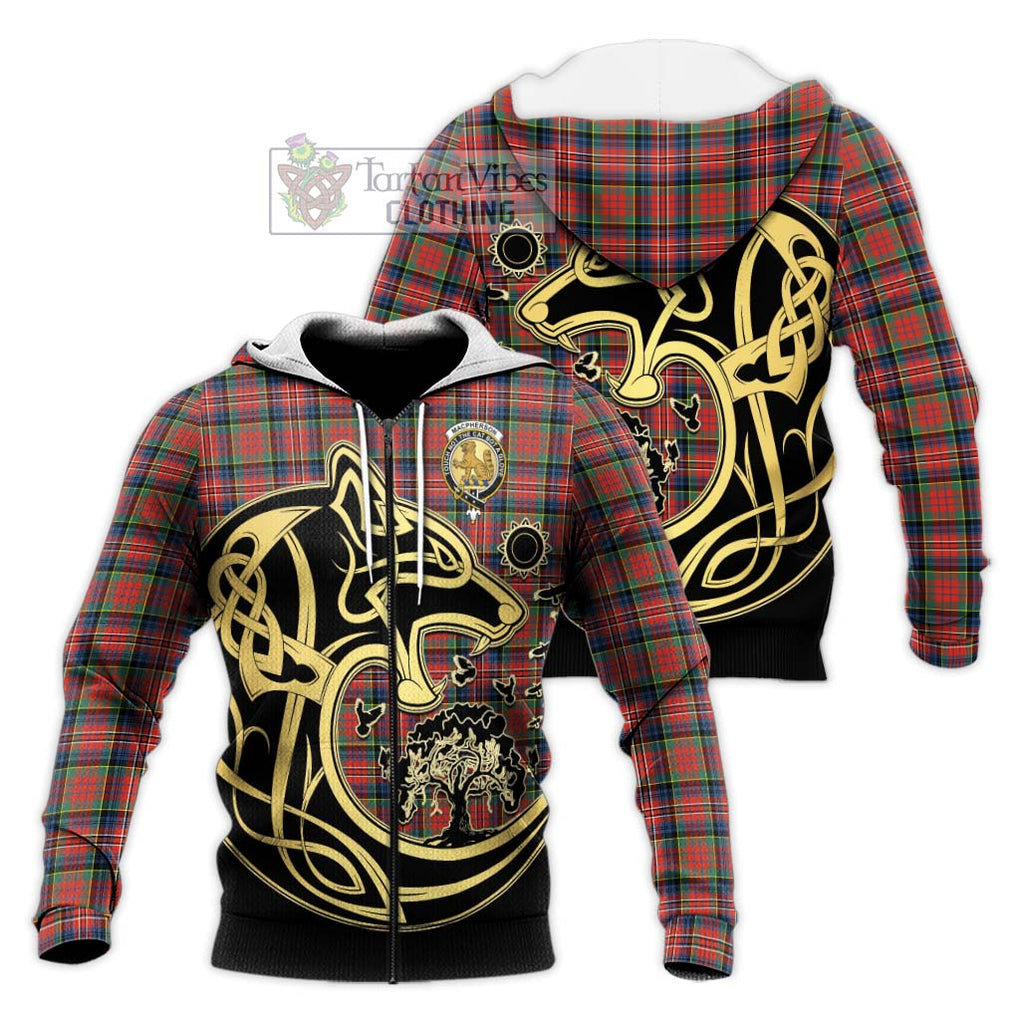 MacPherson Ancient Tartan Knitted Hoodie with Family Crest Celtic Wolf Style Unisex Knitted Zip Hoodie - Tartan Vibes Clothing