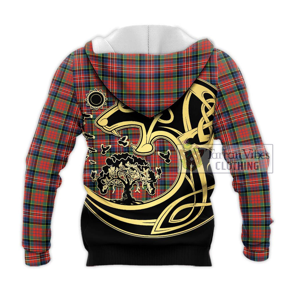 MacPherson Ancient Tartan Knitted Hoodie with Family Crest Celtic Wolf Style - Tartan Vibes Clothing